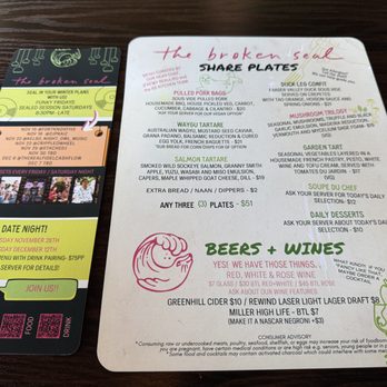The Broken Seal - Back of drinks menu~ (December 2024) - Tapas Bars Near Me - Squamish, British Columbia