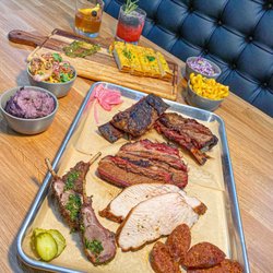 Craft by Smoke and Fire - Spread of BBQ Meat Platter, Sides, Drinks