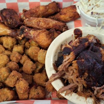 Flat Creek Restaurant - Combo plate with pulled pork, chicken wings, fried orca , and cole slaw - Seafood Near Me - Cape Fair, Missouri Flat Creek Restaurant - Combo plate with pulled pork, chicken wings, fried orca , and cole slaw - Seafood Near Me - Cape Fair, Missouri