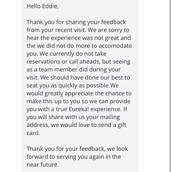 Eureka! - Manager not following through with service - Burgers Near Me - Claremont, California