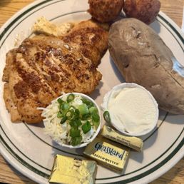Grilled Salmon with Key Lime Butter, Fully Loaded Baked Potato, Hush Puppies Grilled Salmon with Key Lime Butter, Fully Loaded Baked Potato, Hush Puppies
