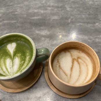 Qreate Coffee - Partly enjoyed Matcha Latte and Wasabi Rose Latte - Coffee & Tea Near Me - Orlando, Florida