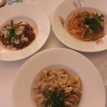 Amerigo Vespucci - Secondi: Spaghetti with braised beef ragu (left), spaghetti with lobster and tomato cream sauce (right), and tortellini with funghi (bottom) - Italian Near Me - London, XGL Amerigo Vespucci - Secondi: Spaghetti with braised beef ragu (left), spaghetti with lobster and tomato cream sauce (right), and tortellini with funghi (bottom) - Italian Near Me - London, XGL