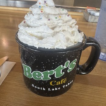 Bert's Cafe - Signature hot chocolate with whipped cream and sprinkles. - Breakfast & Brunch Near Me - South Lake Tahoe, California Bert's Cafe - Signature hot chocolate with whipped cream and sprinkles. - Breakfast & Brunch Near Me - South Lake Tahoe, California