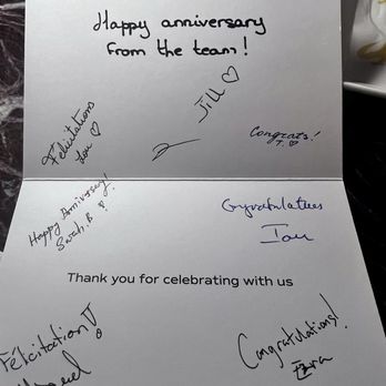 Le Crocodile Restaurant - Card for our 10th year anniversary celebration dinner - French Near Me - Vancouver, British Columbia