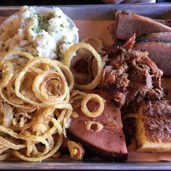 Goodstuff Smokehouse - Mashed potatoes and onion strings paired with brisket, ham and pulled pork - Barbeque Near Me - Blackstone, Massachusetts
