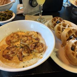 Shrimp and grits and a plain waffle. Shrimp and grits and a plain waffle.