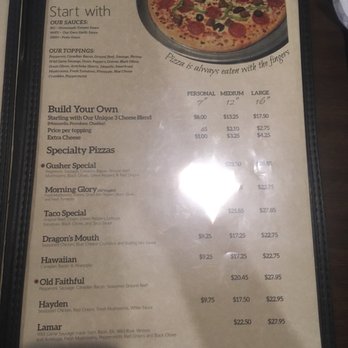 The Gusher - This is the most recent menu as of 7/5/18. Looks like a bigger selection! - Pizza Near Me - West Yellowstone, Montana The Gusher - This is the most recent menu as of 7/5/18. Looks like a bigger selection! - Pizza Near Me - West Yellowstone, Montana