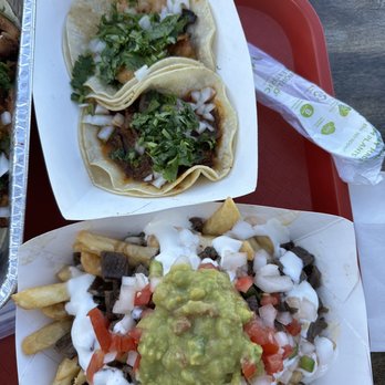 Taco Street - Top to bottom: Shrimp Taco, Barbacoa Taco, Carne Asada Fries - Tacos Near Me - Tacoma, Washington