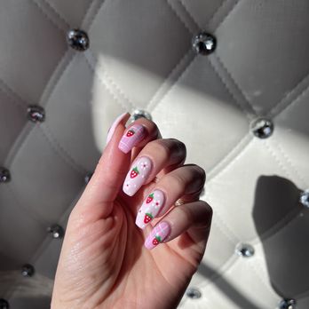 Nova Nail Spa - Strawberry Sakura full set - coffin shaped - Nail Salons Near Me - San Diego, California Nova Nail Spa - Strawberry Sakura full set - coffin shaped - Nail Salons Near Me - San Diego, California