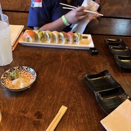 - Rainbow Roll - Pleased reviewer - whatever that white stuff is - wasabi -soy sauce - lemonade - Rainbow Roll - Pleased reviewer - whatever that white stuff is - wasabi -soy sauce - lemonade
