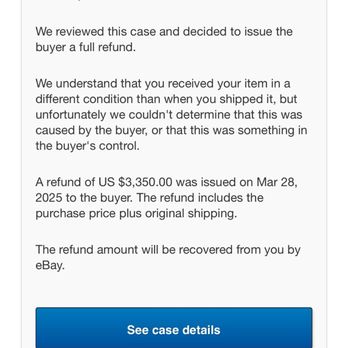 Blair Technology Group - The image shows an email from eBay regarding a case closure, stating that a full refund of $3,350 was issued to the buyer on March 28, 2025. The email explains that the item was received in a different condition than shipped, but the cause could not be determined. A product image of an ASUS graphics card is partially visible at the bottom of the email, showing the packaging and branding. - Data Recovery Near Me - Covington, Kentucky