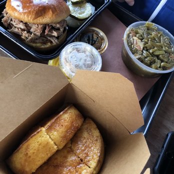 317 BBQ - Pulled pork sandwich, sides of cornbread (recommended) and green beans - Barbeque Near Me - Indianapolis, Indiana