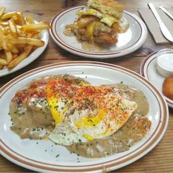 Pine State Biscuits - Open Face Biscuits and Mushroom Gravy, hard eggs,Reggie Deluxe, cheesy fries, fried green tomatoes, whiskey, apple cider drink. - Southern Near Me - Portland, Oregon