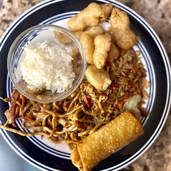 New China King - Pork lo mein, Fried rice, White Rice, Sweet and Sour Chicken, and and Egg Roll