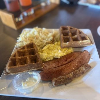 Waffletto Coffee & Waffles - Traditional Sausage breakfast! Very good but that butta in a cup was a for me - Waffles Near Me - Goodyear, Arizona Waffletto Coffee & Waffles - Traditional Sausage breakfast! Very good but that butta in a cup was a for me - Waffles Near Me - Goodyear, Arizona