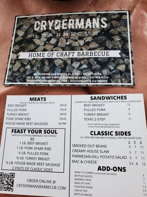 Menu photo 1 Crydermans Barbecue Melbourne, FL