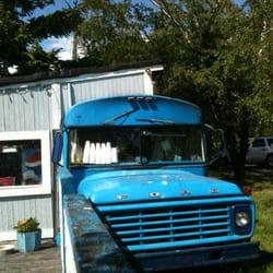 The blue bus which comprises the kitchen area of Mountain Woman.