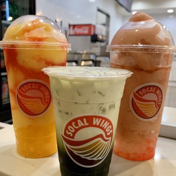 SoCal Wings - Socal Sunset (left), Green Thai Tea (middle), Wolly's Rancher (right) - Chicken Wings Near Me - Fullerton, California