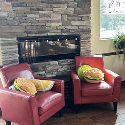 Fireplace and hamburger pillows!