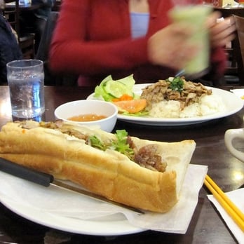 Pho Cali - Banh mi (up front), pork on rice (rear), avocado drink (rear rear) - Vietnamese Near Me - Philadelphia, Pennsylvania