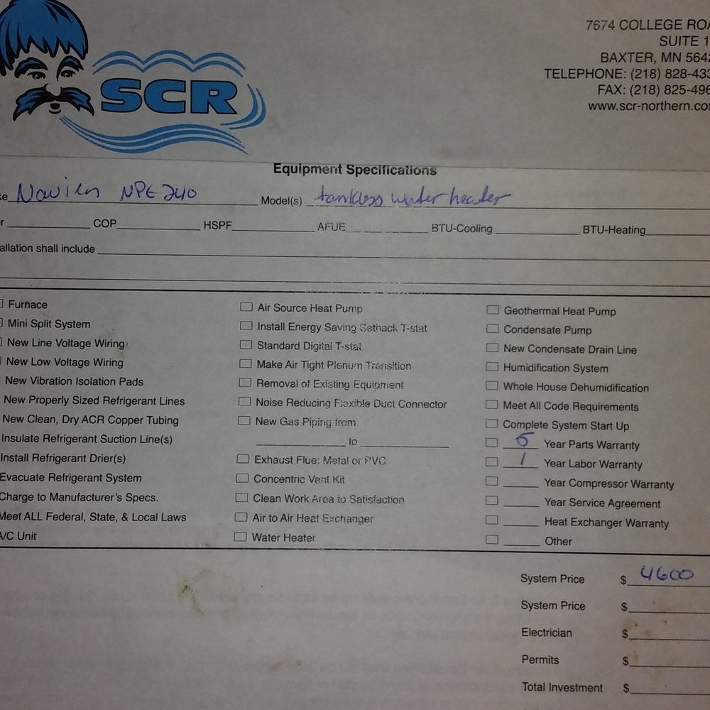 SCR Northern Division - Here is the picture of the estimate that they gave me where thry tried to rip me off - Heating & Air Conditioning/HVAC Near Me - Baxter, Minnesota SCR Northern Division - Here is the picture of the estimate that they gave me where thry tried to rip me off - Heating & Air Conditioning/HVAC Near Me - Baxter, Minnesota