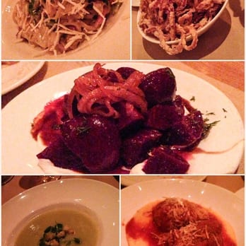 Terzo - Linguine, fried onion rings, roasted beets (they were not), celery soup, meatballs and polenta - Mediterranean Near Me - San Francisco, California Terzo - Linguine, fried onion rings, roasted beets (they were not), celery soup, meatballs and polenta - Mediterranean Near Me - San Francisco, California