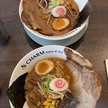 Charm Ramen - Black garlic ramen (top) and Shoyu ramen (bottom) - Ramen Near Me - Wellesley, Massachusetts Charm Ramen - Black garlic ramen (top) and Shoyu ramen (bottom) - Ramen Near Me - Wellesley, Massachusetts
