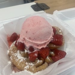 Funnel Cake Heaven - Funnel cake with Strawberries and strawberry ice cream.