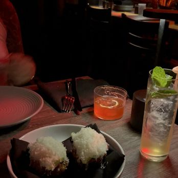 Darkroom - wagyu tartare (left) orange creamsicle drink (top middle) no 67 drink (right) - Wine Bars Near Me - Santa Ana, California Darkroom - wagyu tartare (left) orange creamsicle drink (top middle) no 67 drink (right) - Wine Bars Near Me - Santa Ana, California
