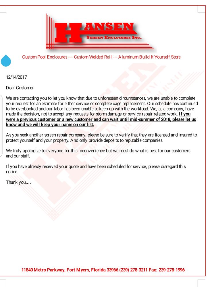 HANSEN SCREEN ENCLOSURES Updated September 2024 11840 Metro Pkwy