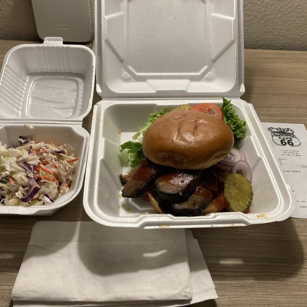 Cruiser's Cafe 66 - BBQ Brisket Sandwich with Coleslaw - American Near Me - Williams, Arizona Cruiser's Cafe 66 - BBQ Brisket Sandwich with Coleslaw - American Near Me - Williams, Arizona