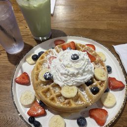 Iced matcha latte and the belgian waffle