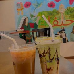 Dubai Matcha and Haifa, both with oat milk