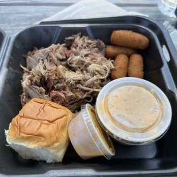 Big Mike's BBQ - Pulled pork, hush puppies, mac & cheese, mustard vinegar sauce, roll - Barbeque Near Me - Mills River, North Carolina