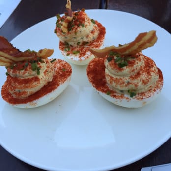 The Lark - Deviled eggs with crispy pancetta (3 for $5) - New American Near Me - Santa Barbara, California The Lark - Deviled eggs with crispy pancetta (3 for $5) - New American Near Me - Santa Barbara, California