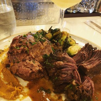 River and Woods - Slow Braised Short Rib w smoked cherry goat cheese smashed potatoes and substituted brussel sprouts in place of asparagus - New American Near Me - Boulder, Colorado