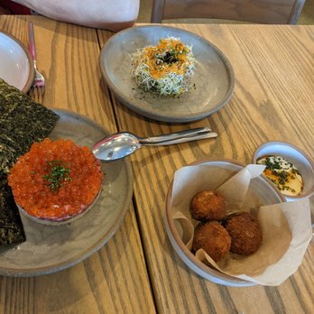 Ernest - Top: Grilled avocado, bottom right: duck confit and escargot fritter, bottom left: sushi rice - New American Near Me - San Francisco, California