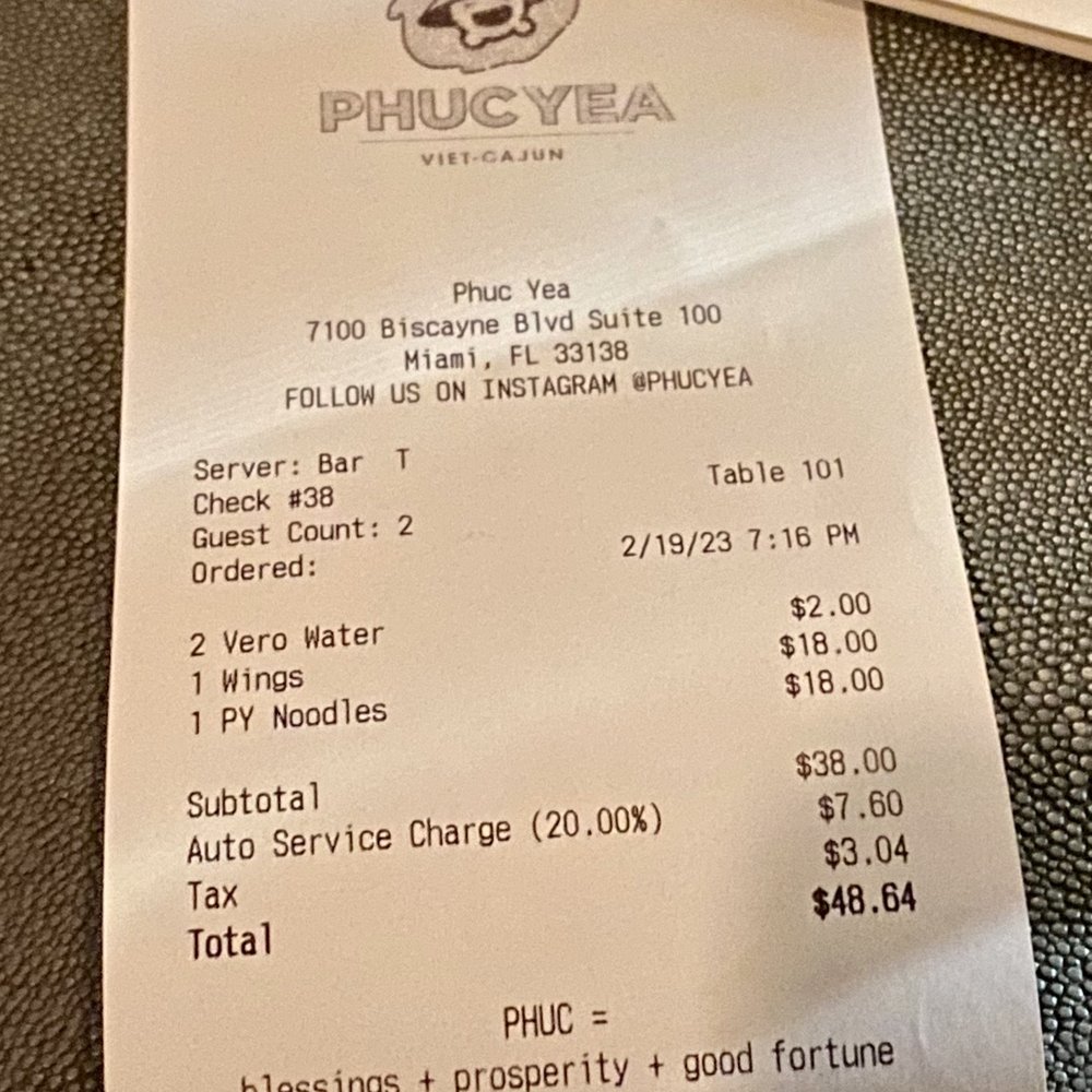 Phuc Yea - 02.19.23 tax and 20% tip auto included to ALL checks... they charge $1 for water too - Vietnamese Near Me - Miami, Florida