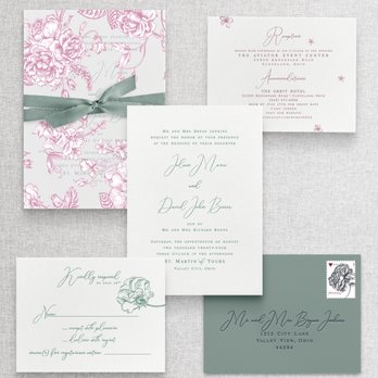 Cotton Ink - Sage letterpress with floral wedding suite. Vellum overlay with rose floral. Set wrapped with sage silk ribbon. - Printing Services Near Me - Rocky River, Ohio