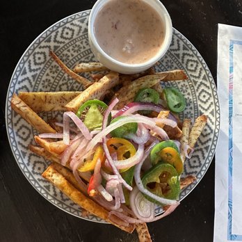 Gingergrass - Animal Fries: Taro fries, aioli, griled onions, shallots, cilantro, chilies - Vietnamese Near Me - Los Angeles, California