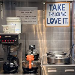A wall over the soup next to the coffee as seen from the lunch counter at Ramsey'