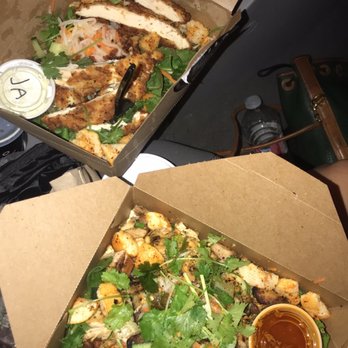 Lone Wolf Banh Mi - Cilantro Pesto Chicken with kimchi vinaigrette and Lemongrass Buttermilk Fried Chicken with jalapeño pesto salads - Vietnamese Near Me - Tulsa, Oklahoma