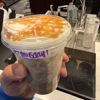 Starbucks - Iced White Chocolate Caramel Drizzle Vanilla Cold Foam Latte - Coffee & Tea Near Me - Abilene, Texas