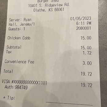 Burger Shed - Olathe - The receipt showing my $3 convenience fee - American Near Me - Olathe, Kansas Burger Shed - Olathe - The receipt showing my $3 convenience fee - American Near Me - Olathe, Kansas