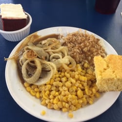 James - Hamburger Steak lunch special comes with 2 sides, cornbread & dessert. About $7. Drink was $1.75