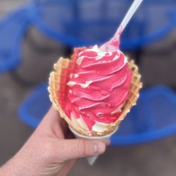 BJ's Velvet Freez - Medium vanilla ice cream dipped in cotton candy in a Waffle Cone