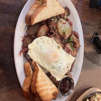 Brutus Camp Deli - Corn beef hash, roasted potatoes, onions with 2 eggs. Served with Camp Toast and fresh raspberry preserves. - Delis Near Me - Brutus, Michigan