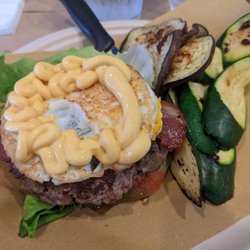 Angus and More - Energy. no bun no fries, rare Angus burger, egg, bacon, "cheddar" and veggies. Delicious!
