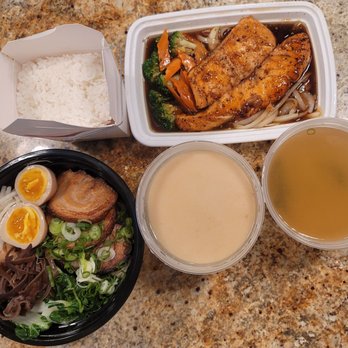 Miso Ramen and Hibachi - Tonkotsu Ramen and Salmon Teriyaki with miso soup - Sushi Bars Near Me - Mineola, New York